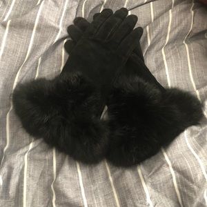 Leather suede glove black with rabbit fur